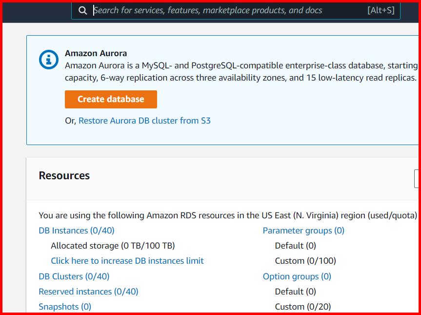 Picture showing the Create database button for creating the new database